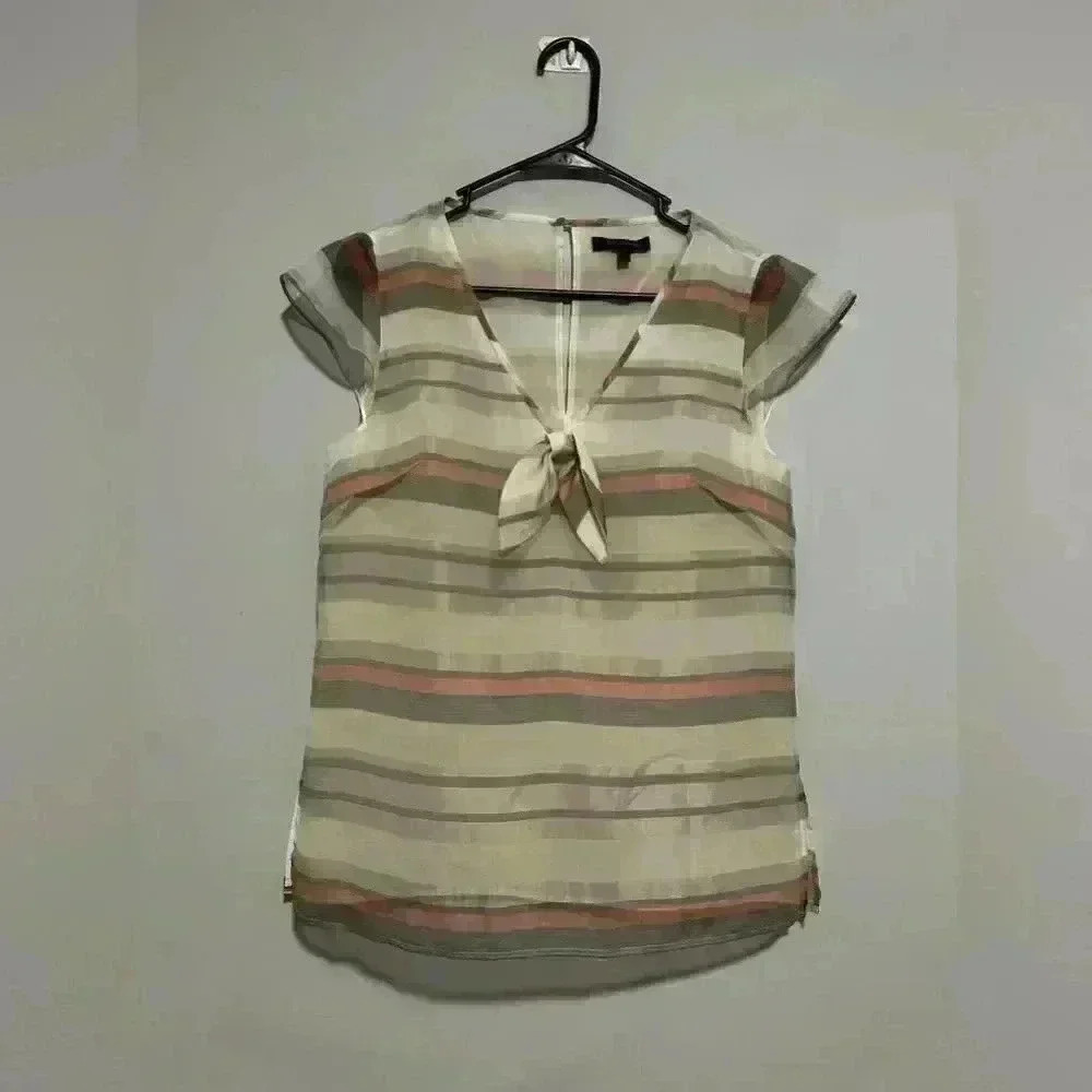 St. John Womens Multicolor Blouse Silk/ Polyester Size P Striped V neck with bow